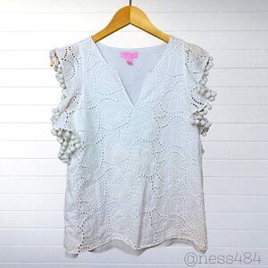 Lilly Pulitzer White Leaf Lace Blouse w/Pom Pom Sleeves Size S